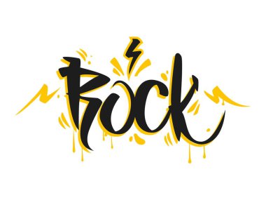 Kaya graffiti kelimesi, sokak sanatı ve boyalı boya spreyli şehir tarzı metin harfleri, çizgi film vektörü. Word Rock 'ın sarı yıldırımı ve boya sızıntısı sokak sanatı veya müzik tarzında duvara damlıyor.