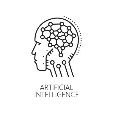 Makine öğrenme, yapay zeka algoritması ana hatları simgesi. Makine öğrenimi, bilgisayar bilimi ve yapay zeka teknolojisi çizgisi vektör sembolü android kafasında beyin nöronları