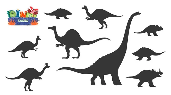かわいい恐竜漫画はシルエットを人格化しています ノドサウルス ハイパクサウルス ランボサウルス タイタノサウルス セントロサウルス パノポロサウルス アバケラトプス ディノケウイルス コリトサウルスベクターシルエット — ストックベクタ