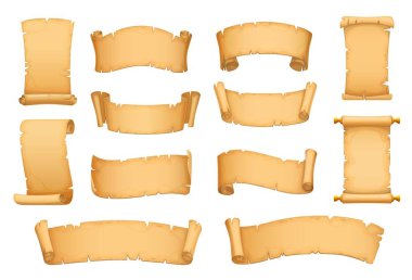 Eski kağıt parşömen, eski el yazması, antik hazine haritası parşömeni, antika papirüs. İzole vektör zaman kalıntıları veya eserler tarih, gizem, macera ve zamanın ağırlığını çağrıştırıyor.