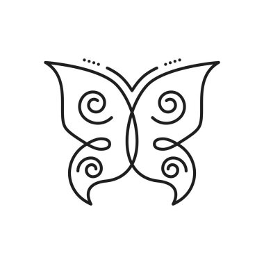 Böcek, kelebek soyut kıvrımlı dış hat ikonu. Bug soyut baskısı, bahar böceği kontur piktogram veya hayvan lineart monokrom vektör sembolü. Kıvırcık kanatlı kelebek çizgisi simgesi