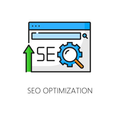 SEO optimizasyon simgesi, SERP ya da arama motoru sonuç sayfası çizimi İnternet pazarlaması için. İnternet reklamcılığı ve dijital medya içeriği optimizasyonunda SEO İnternet arama ve web sitesi SERP