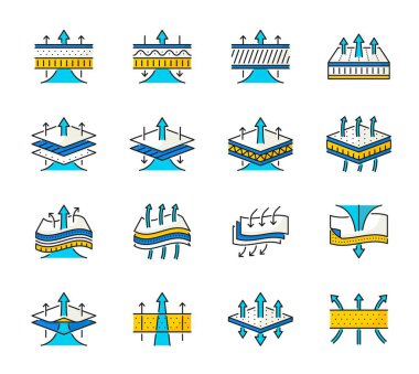 Renkli solunabilir simgeler. İç çamaşırı solunumu tekstil yığını, döşek nemi lif katmanı ya da hijyen suya dayanıklı madde yapı taslak vektör ikonu. Su geçirmez kumaş yığını resim grafiği