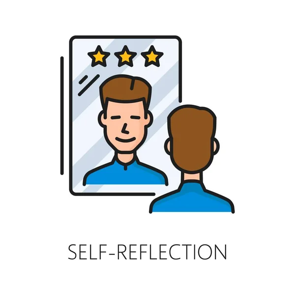 自我反思心理障碍问题 精神健康孤立的细线图标 象征着反思和自我意识 表现为一面镜子与男性面部反射 — 图库矢量图片