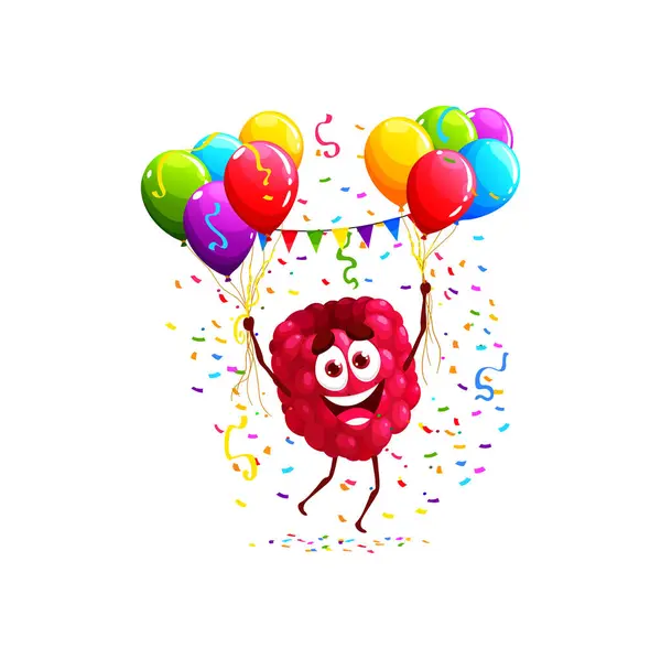 Cartoon raspberry character, birthday holiday. Kids holiday party comical mascot, child event or children anniversary celebration happy berry vector character or cute raspberry personage with balloons