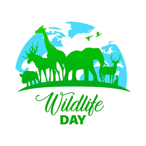 Wildlife Day Vector Poster Wild Animals Green Silhouettes Earth Globe — Stock Vector