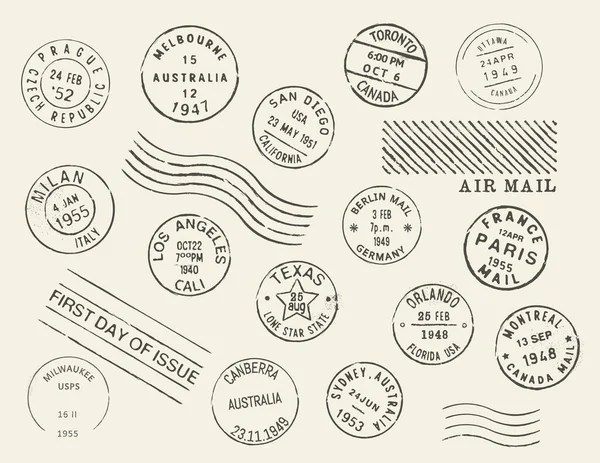 郵便切手と 郵便切手 カナダ アメリカ ヨーロッパの国々が町のインクスタンプを投稿します トロント オーランド モントリオール ミラノ ベルリンの郵便封筒ベクトルレトロ郵便マーク — ストックベクタ