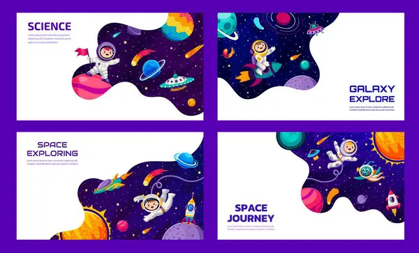 Space Galaxy Landing Pages Cartoon Space Planets Astronauts Aliens Spaceships — Stock Vector