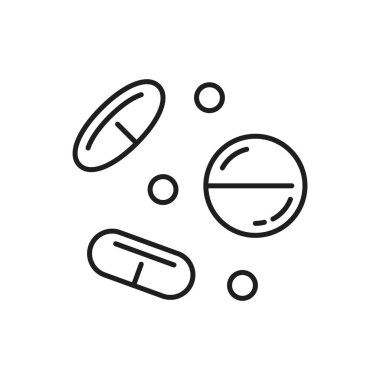 Eczane hapları ilaç tabletlerinin ve ilaç ilaçlarının ana hatları vektör çizgisi. Eczanenin ilaç reçetesi ve sağlık hizmetleri için Pictogram