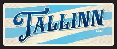 Tallinn City, Estonya 'nın başkenti, Doğu Avrupa. Vector seyahat plakası ya da çıkartma, antika teneke tabela, eski tatil kartpostalı ya da seyahat tabelası, bagaj etiketi. Bayrağı ve yılı olan kart