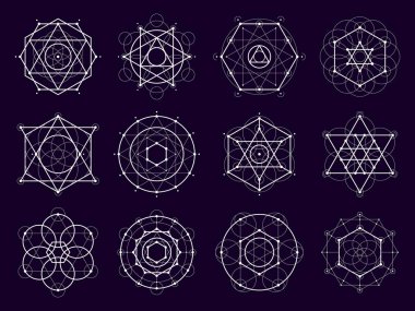 Kutsal geometrik şekiller. Gizem, sihir ve ruhani sanatın esrarengiz sembolleri. Vektör çizgi çemberi, üçgen, altıgen, kare ve yıldız desenleri kutsal geometri, pentagram, mandala veya kristal ızgara