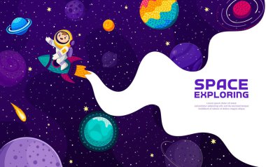 Çizgi film çocuğu astronot uzay boşluğunda yıldızlı gökyüzünde gezegenleri olan vektör arkaplan. Gezegen eğitimi için uzay mekiği ile uzay macerası ve galaksi keşfi yapan çocuk uzay adamı.