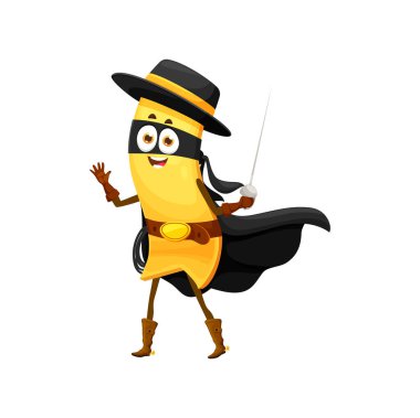 Çizgi film lazanya makarna süper kahraman karakteri siyah pelerin, şapka ve maskeli Rapier kılıcı kullanıyor. Komik erişte çizgi roman karakteri dünyayı kurtarmaya ve suçlularla savaşmaya hazır.