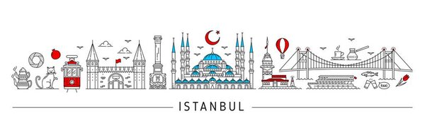 Istanbul silhouette. Turkish travel landmarks. Kiz Kulesi tower, Topkapi palace museum and Sultan Ahmet mosque buildings, Bosphorus bridge on Turkey travel or journey thin line vector background