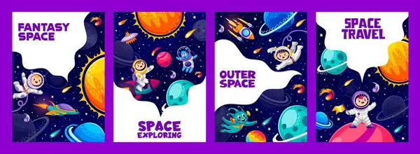 Cartoon Space Posters Vector Cards Astronauts Ufo Aliens Spaceship Stars — Stock Vector
