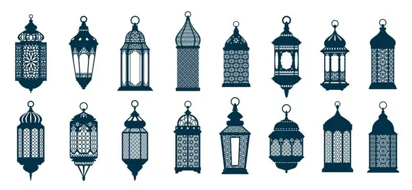 イード ムバラク アラブ イスラム イスラムランタンかラマダン ランプのシルエット 隔離されたベクトル オルネイト ランプ 休日の喜びおよびお祝いのシンボル — ストックベクタ