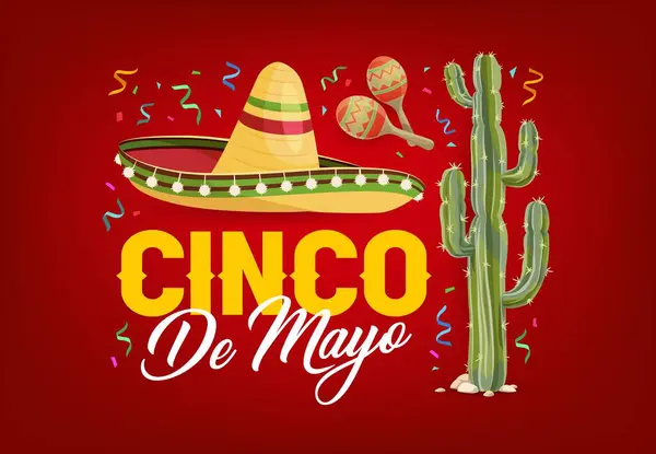 Cinco Mayo Urlaubsbanner Mexikanische Sombrero Maracas Konfetti Und Kakteen Sind — Stockvektor