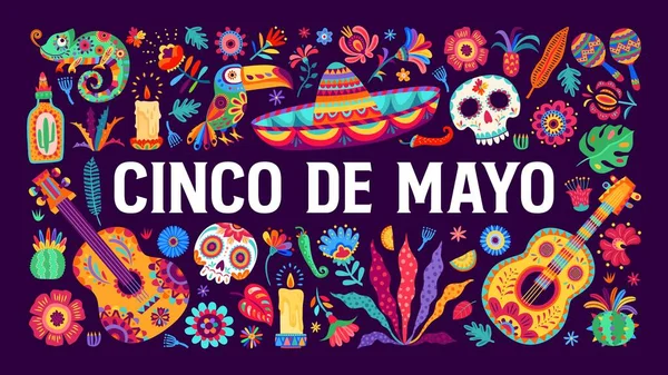 Buntes Cinco Mayo Mexikanisches Urlaubsbanner Mit Cartoon Vektor Gitarre Calavera — Stockvektor
