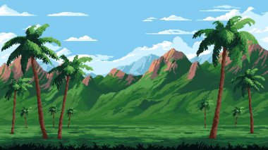 8 bit piksellik sanat oyunu, palmiyeli tropik orman manzarası, karikatür vektör arka planı. Oyun seviyesi haritası veya 8bit piksel orman dağları ve yeşil tropikal vadi arayüzü ile GUI arayüzü