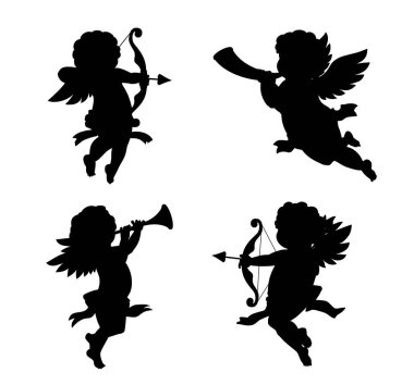 Melek Eros siluetleri, aşk okları ve yayları olan melekler ya da boynuzlar, vektör ikonlar. Sevgililer Günü Aşıkları ya da melek bebek açıları Eski moda melek siluetleri için kanatlarla uçuyor
