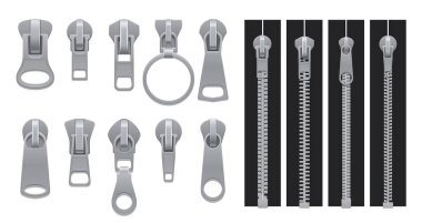 Gerçekçi fermuar, metal zip izole edilmiş 3 boyutlu vektör seti. Giysilerde kullanılan hızlı çekme cihazı, birbirine kenetlenmiş metal dişler ve kolayca giysileri açmak ve kapatmak için sürgülü bir mekanizma içerir