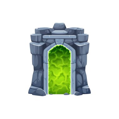 Taş kaya kemerli, çizgi film vektörlü fantezi oyun kapısı ya da kapı. Geçit kapısının yeşil enerji plazması ya da zaman ve uzay ışınlanması için paralel dünya girişi, mağaradaki sihirli kapı.