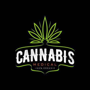 Esrar ikonu, tıbbi CD, ot yaprağı sembolü. Yeşil vektör yaprakları, kenevir bitkisinin sanatsal bir temsili ile karmaşık bir şekilde iç içe geçerek birleşik ve dinamik bir bitkisel amblem oluşturur.