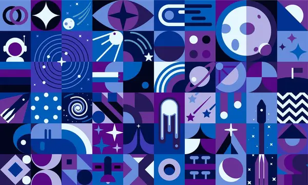 Galaxie Prostor Geometrický Abstraktní Plakát Vektorový Vzor Pozadí Planetami Raketami — Stockový vektor