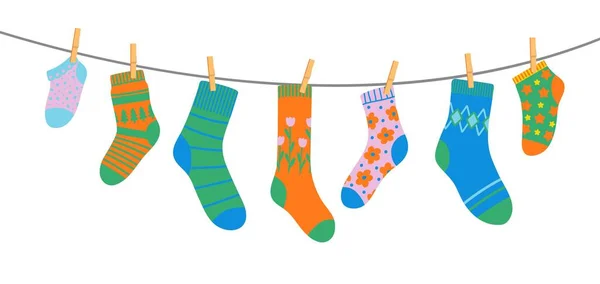 Cotton Wool Socks Clothesline Socks Rope Clothespins Cartoon Vector Hosiery — Stock Vector