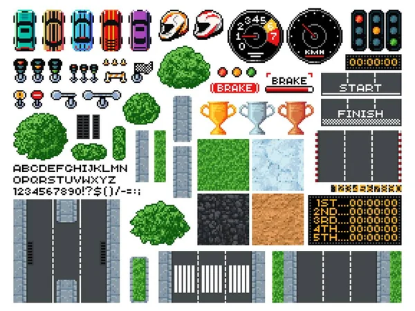 8ビットピクセルアートレースゲーム レーシングトラック 機器のトップビュー ベクターアイコン レーストラックテクスチャとスピードメーターでカートカー スピードロード トラフィックサインのビデオゲーム要素をアーケード — ストックベクタ