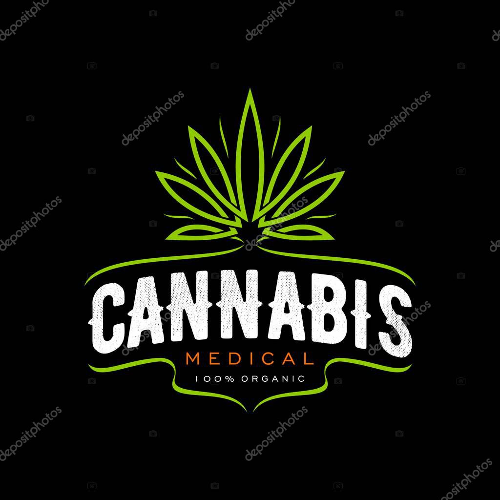 Cannabis marijuana icon, medical cbd, weed leaf symbol. Vector green leaves intricately entwined with an artistic representation of hemp plant contour, forming a cohesive and dynamic herbal emblem