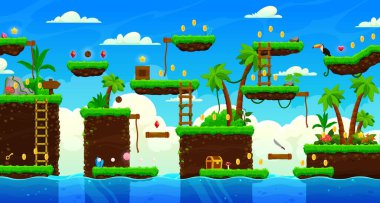 Arcade tropik ada oyun seviyesi haritası, avuç içi ve altın sikkelerle vektör arayüzü. Deniz dalgaları, yeşil çimen platformları ve tuzaklı ikramiyeler ve çizgi film orman atari şablonunda liana merdivenleri