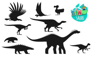 Dinozor, tarih öncesi hayvan siluetleri. Soyu tükenmiş kertenkele, paleontoloji sürüngeni. Jura dönemi Dicraeosaurus, Dimorphodon, Pegomastax ve Gipsilofodon, Anatotitan, Dodo dinozor vektör silueti