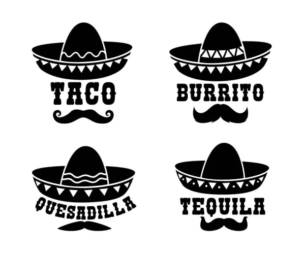 Mexicaanse Sombrero Met Burrito Taco Quesadilla Tequila Typografie Woorden Geïsoleerde — Stockvector