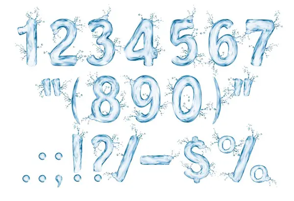 วเลขน าของเหลวท ฟองอากาศสาด แบบอ กษรชน ดโปร งใส แบบอ กษร Aqua — ภาพเวกเตอร์สต็อก