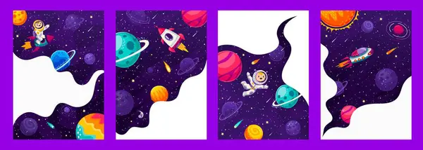 Uzay Posterleri Afişler Astronotlar Roketler Gezegenler Yıldızlar Vektör Arkaplanlı Karikatür — Stok Vektör