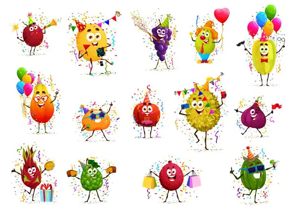 Tekenfilm Vrolijke Fruit Karakters Verjaardag Verjaardag Kids Verjaardag Guave Citroen — Stockvector