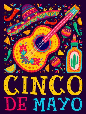 Cinco de Mayo Meksika tatil posteri. Latin kültürü bayrağı, geleneksel Latin festivali ilanı veya gitar, sombrero, tekila ve marakas, jalapeno ile Meksika parti geçmişi