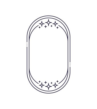 Yıldız pırıltıları ve parıltılarıyla en düşük çizgi oval çerçeve sınırı, vektör boho dekoratif elementi. Yuvarlak kenarları ve minimalist yıldız süslemeleri ile dikdörtgen şeklinde modern çizgi sanat geometrik çerçevesi