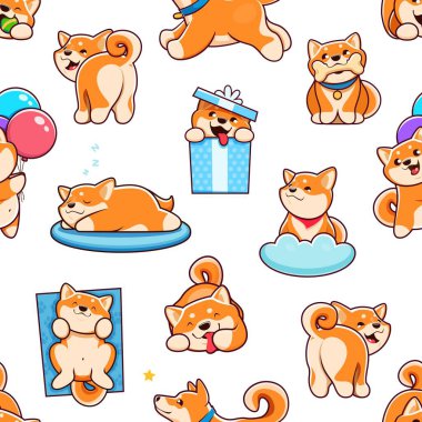 Cartoon kawaii cute pet shiba inu puppy dogs seamless pattern. Vector tile background with adorable canine animals showcasing their playful antics and charming expressions in delightful repeat design clipart