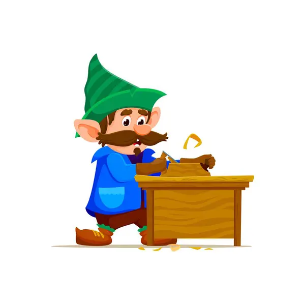 Cartoon Gnome Dwarf Carpenter Character Happily Whittling Wood Vector Personage — Stock Vector
