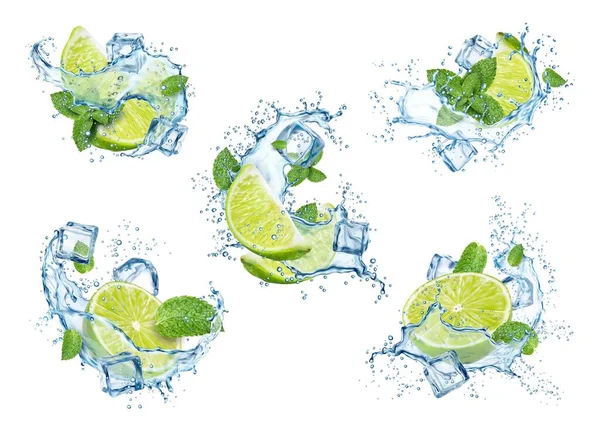 Mojito Drink Mit Limetten Eiswürfeln Und Minzblättern Vektoralkoholcocktail Realistischer Fluss — Stockvektor
