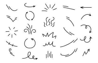 Çizgi film efekti için hareket çizgileri ve ok eğrileri, vektör simgeleri. Rüzgâr esintisinin soyut sembolleri, ateş ya da dalgalı hareket çizgileri, daire çizgileri ya da güneş ışığının sarmal karalamaları.