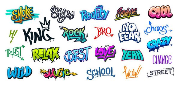 Граффити стрит арт, городской стиль. Распылитель краски или кисти векторные метки, настенные надписи, картины или рисунки набор с брызгами краски и капельницы. Рэп- и хип-хоп граффити фразы со стрелками и коронами
