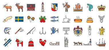 İsveç renk çizgisi, ana hatlar, İsveç simgeleri ve seyahat vektör sembolleri. İsveç bayrağı ve Stockholm turizmi İskandinav İsveç ve Vikinglerin kültür, gıda ve sanatı