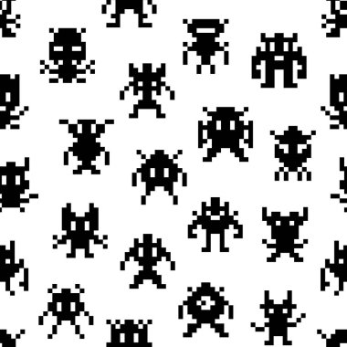Arcade oyun pikseli canavar dikişsiz model arka plan, vektör retro 8 bit çizgi film karakterleri. 8bit uzaylı canavarların video oyunu pikseli ya da sevimli robot yaratıklar ve pikseldeki kozmik canavarlar.