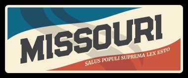 Missouri eski tabelası, klasik seyahat plakası. Salus populi suprema lex esto, Amerika Birleşik Devletleri 'nin Amerikan seyahat ve turizminin sembolü. Jefferson başkenti, Kansas City St. Louise, klasik tasarım.