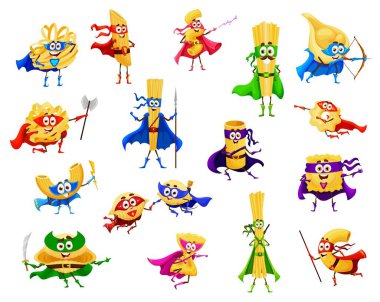 Çizgi film İtalyan makarna süper kahraman karakterleri. Penne, tagliatelle, cannelloni ve conchiglioni, ravioli, farfalle İtalyan makarnası komik maskotlar, izole edilmiş silah taşıyan şirin vektör kişilikleri.