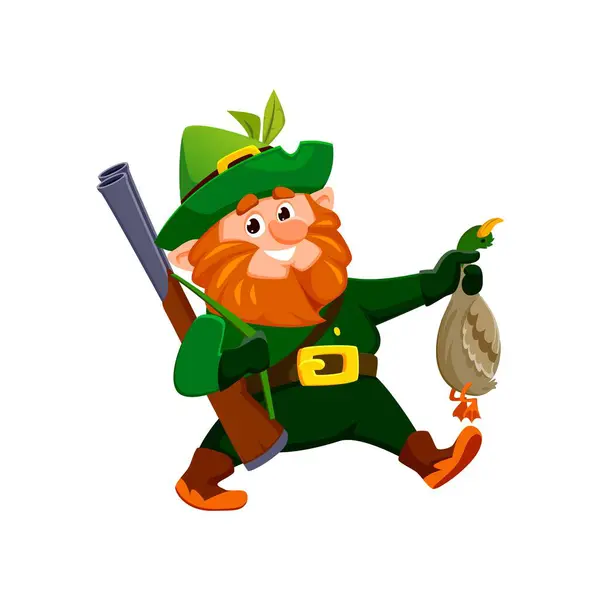Cartoon Gnome Dwarf Hunter Character Holds Plump Orange Beaked Duck — Stock Vector