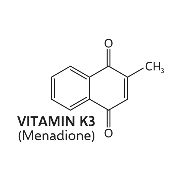 维生素K3或丙二酮分子式C11H8O2 分离的病媒化学科学结构由一个带有侧链的萘喹酮核心组成 基本营养物质在血液凝固中起着一定的作用 — 图库矢量图片
